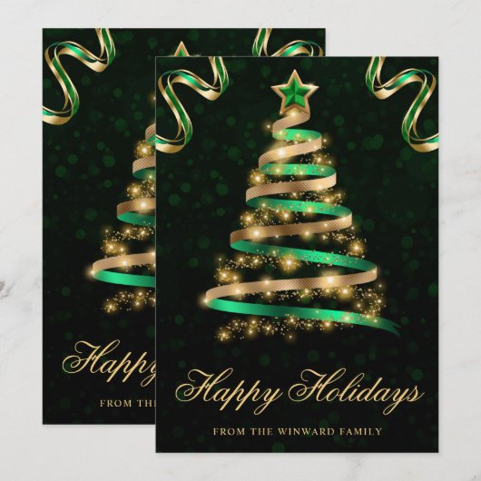 グリーンとゴールドのスパークリーリボンツリークリスマス シーズンカード (正面/裏面)