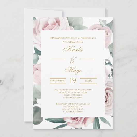 グリーンとゴールドのスペイン語の結婚式招待状 招待状 (正面)