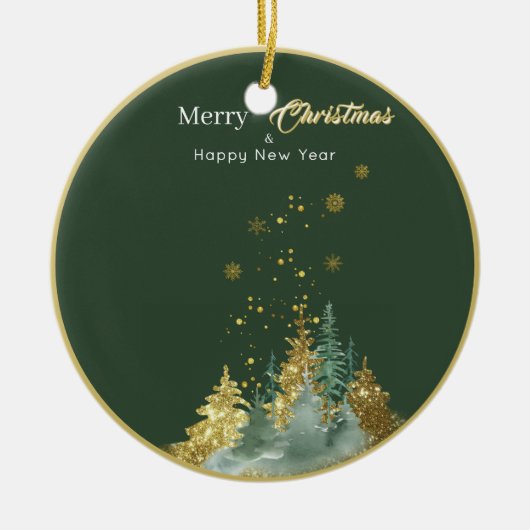 グリーンとゴールドのパインツリークリスマスオーナメント セラミックオーナメント (正面)