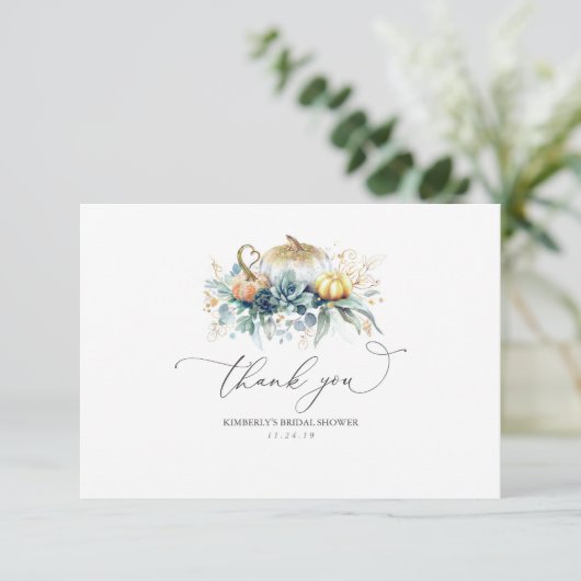 グリーンとゴールドのパンプキン ブライダルシャワー お礼 サンキューカード (スタンド正面)