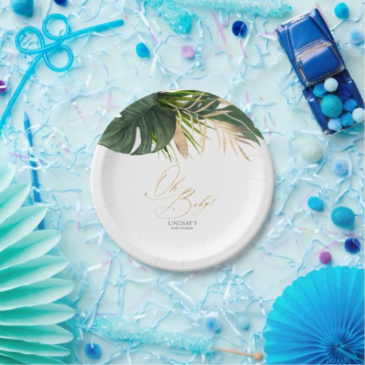 グリーンとゴールドのパームリーフ トロピカル エレガント ペーパープレート (パーティー)