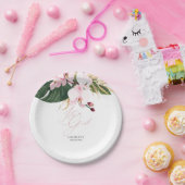 グリーンとゴールドのパームリーフ ピンクのラン エレガント ペーパープレート (パーティー)