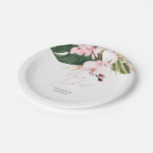 グリーンとゴールドのパームリーフ ピンクのラン エレガント ペーパープレート (アングル)