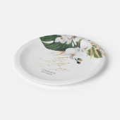 グリーンとゴールドのパームリーフ 白いラン エレガント ペーパープレート (アングル)