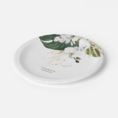 グリーンとゴールドのパームリーフ 白いラン エレガント ペーパープレート (アングル)