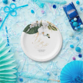 グリーンとゴールドのパームリーフ 白いラン エレガント ペーパープレート (パーティー)