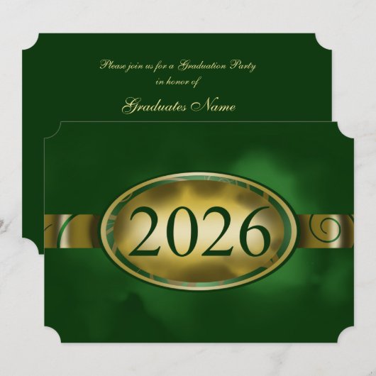 グリーンとゴールドのフラワーボタン 2026年卒業パーティー 招待状 (正面/裏面)