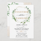 グリーンとゴールドのフレームの水彩ウェディング 招待状 (正面/裏面)