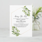 グリーンとゴールドのフレーム 結婚式の日程変更 セーブザデート (スタンド正面)