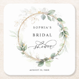 グリーンとゴールドのブライダルシャワー スクエアペーパーコースター