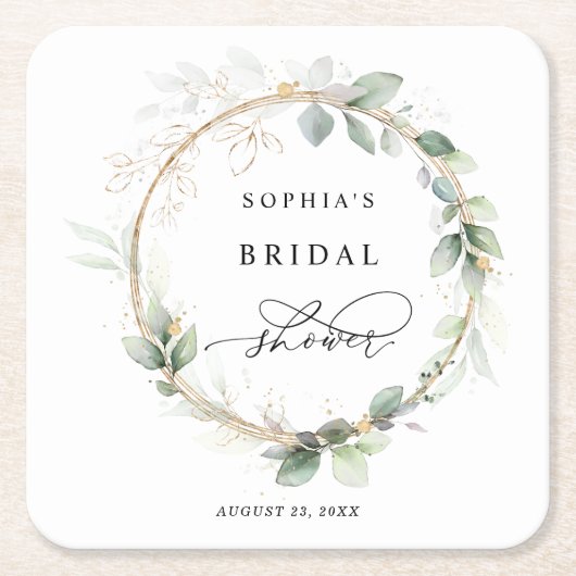 グリーンとゴールドのブライダルシャワー スクエアペーパーコースター (正面)
