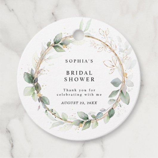 グリーンとゴールドのブライダルシャワー フェイバータグ (正面)