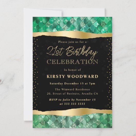 グリーンとゴールドのマーメイドスケール 21歳の誕生日 招待状 (正面)
