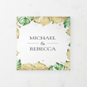 グリーンとゴールドのモンステラパーム写真コラージュウェディング 三つ折り招待状 (カバー)