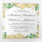 グリーンとゴールドのモンステラパーム写真コラージュウェディング 三つ折り招待状 (内部最初)