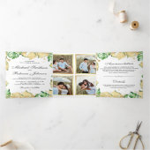 グリーンとゴールドのモンステラパーム写真コラージュウェディング 三つ折り招待状 (内部)