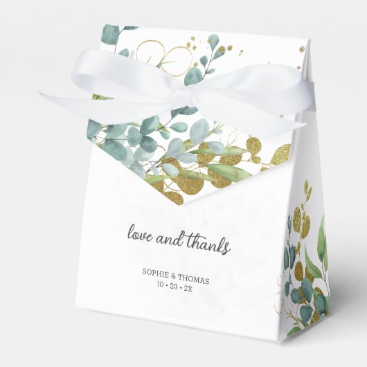 グリーンとゴールドのユーカリ水彩ウェディング フェイバーボックス (正面サイド)
