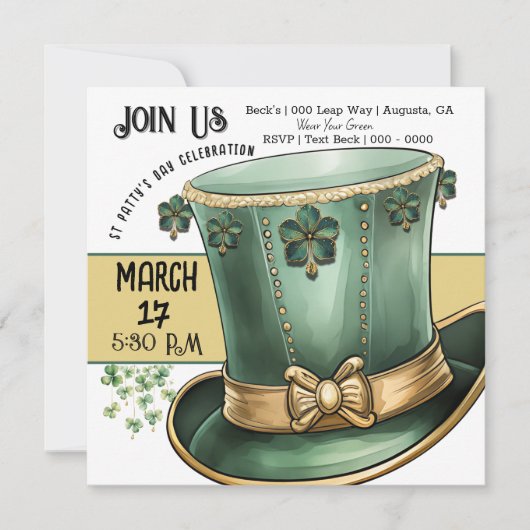 グリーンとゴールドのレプラコーンのトップハット セントパディーズデー 招待状 (正面)