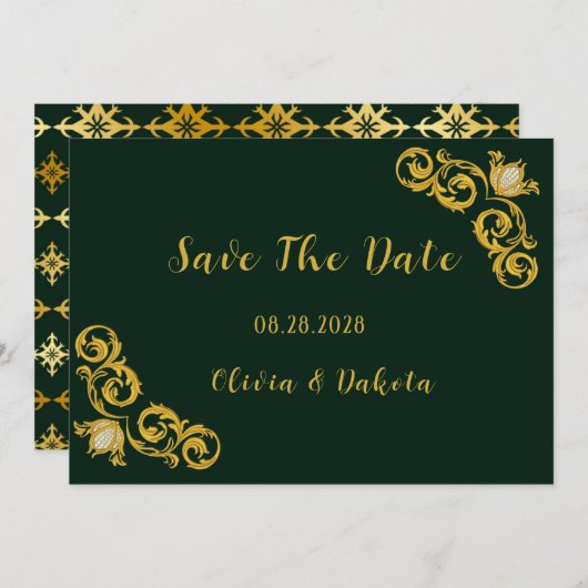 グリーンとゴールドのロイヤルウェディング Save The Date カード (正面/裏面)