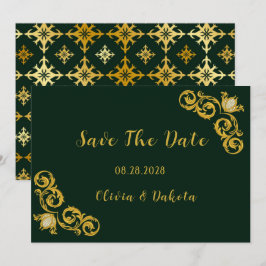 グリーンとゴールドのロイヤルウェディング Save The Date カード