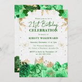グリーンとゴールドのローズ フラワー 21歳の誕生日 招待状 (正面/裏面)