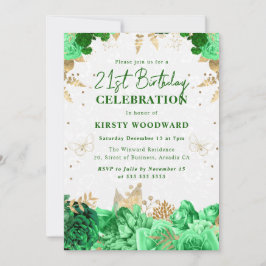 グリーンとゴールドのローズ フラワー 21歳の誕生日 招待状