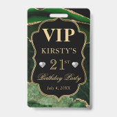 グリーンとゴールドの大理石グリッターアゲート誕生日VIP バッジ (裏面)