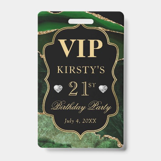 グリーンとゴールドの大理石グリッターアゲート誕生日VIP バッジ (正面)