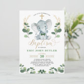 グリーンとゴールドの小さな男の子 エレファント ボウタイ 洗礼 招待状 (スタンド正面)