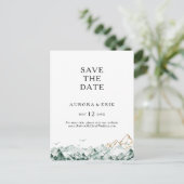 グリーンとゴールドの山のSave the Dateポストカード インビテーションポストカード (スタンド正面)