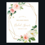 グリーンとゴールドの幾何学模様のウェディングシャワー歓迎 ポスター<br><div class="desc">このグリーンとゴールドの幾何学模様のウェディングシャワー歓迎ポスターは、ラスティックなウェディングシャワーのお祝いに最適です。デザインは、ゴールドの幾何学模様のフレームに飾られた、かわいい白、ピンク、ブッシュの手描きのバラとグリーンのタッチが特徴で、芸術的な美しさをインスパイアします。</div>