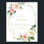 グリーンとゴールドの幾何学模様のウェディングシャワー歓迎 ポスター<br><div class="desc">このグリーンとゴールドの幾何学模様のウェディングシャワー歓迎ポスターは、ラスティックなウェディングシャワーのお祝いに最適です。デザインは、ゴールドの幾何学模様のフレームに飾られた、かわいい白、ピンク、コーラルピンクの手描きのバラとグリーンが特徴で、芸術的な美しさをインスパイアします。</div>