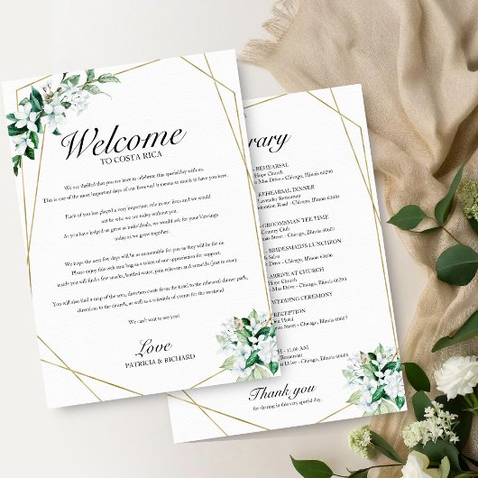 グリーンとゴールドの幾何学模様の結婚式ウィークエンドの予定表 招待状