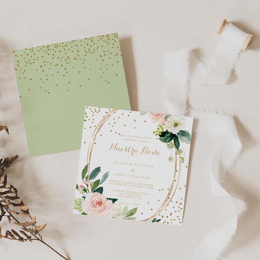 グリーンとゴールドの幾何学的なエレガントなスペイン風ウェディング 招待状