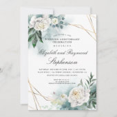 グリーンとゴールドの幾何学的な花の結婚記念日 招待状 (正面)