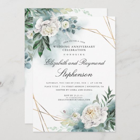 グリーンとゴールドの幾何学的な花の結婚記念日 招待状 (正面/裏面)