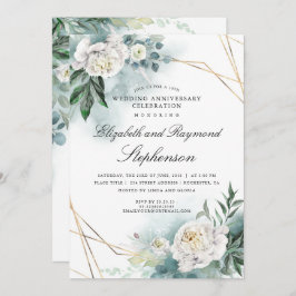 グリーンとゴールドの幾何学的な花の結婚記念日 招待状