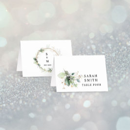 グリーンとゴールドの結婚式テーブルプレイスカード テーブルナンバー