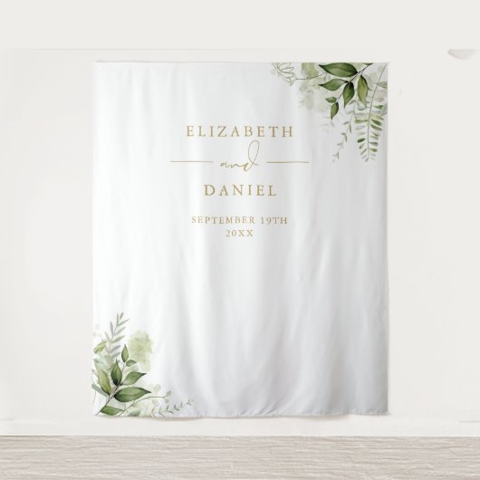 グリーンとゴールドの結婚式フォトブース背景 タペストリー (正面)