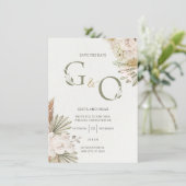 グリーンとゴールドの花柄の結婚式お知らせカード 招待状 (スタンド正面)