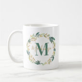 グリーンとゴールドの花環モノグラム コーヒーマグカップ (左)
