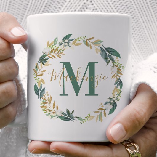 グリーンとゴールドの花環モノグラム コーヒーマグカップ