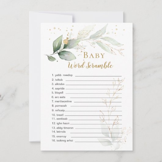 グリーンとゴールドの葉っぱのウォーターカラーイラスト - ベビーシャワーワードスクランブルゲーム (正面)