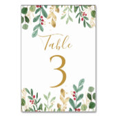 グリーンとゴールドの葉と赤い実のクリスマスウェディング テーブルナンバー (裏面)