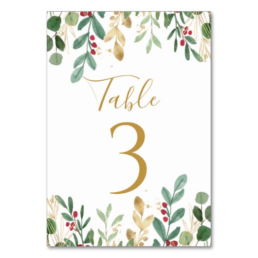 グリーンとゴールドの葉と赤い実のクリスマスウェディング テーブルナンバー (正面)