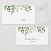 グリーンとゴールドの葉と赤い実のクリスマスウェディング プレイスカード (正面/裏面)
