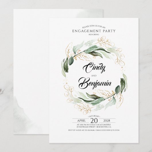 グリーンとゴールドの葉のエンゲージメントパーティー 招待状 (正面/裏面)