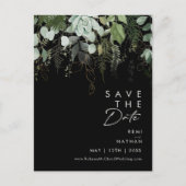 グリーンとゴールドの葉のスクリプトブラック Save The Date インビテーションポストカード (正面)