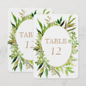 グリーンとゴールドの葉のフレーム飾り付き結婚式テーブルナンバー 招待状 (正面/裏面)