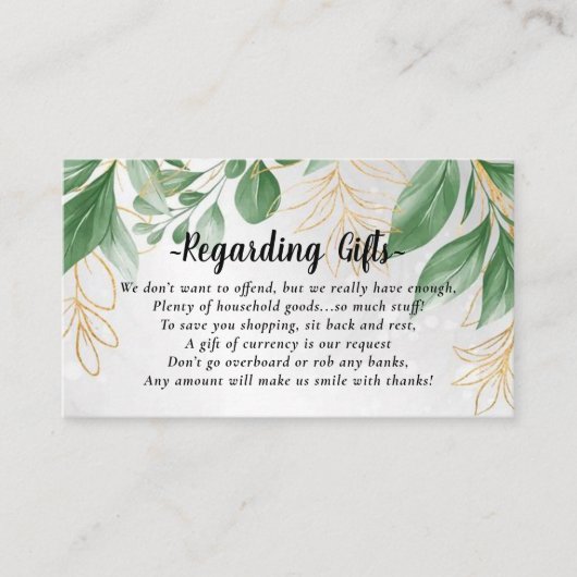 グリーンとゴールドの葉の新婚旅行資金カード エンクロージャーカード (正面)